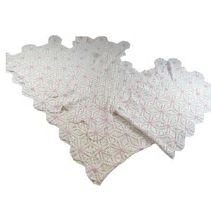 Vintage 4 Piece Crochet Table Runner Doily Lace Pink Floral White Scalloped Edge